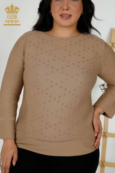 Wholesale Women's Knitwear Sweater Hole Detailed Dark Beige - 30083 | KAZEE - 2