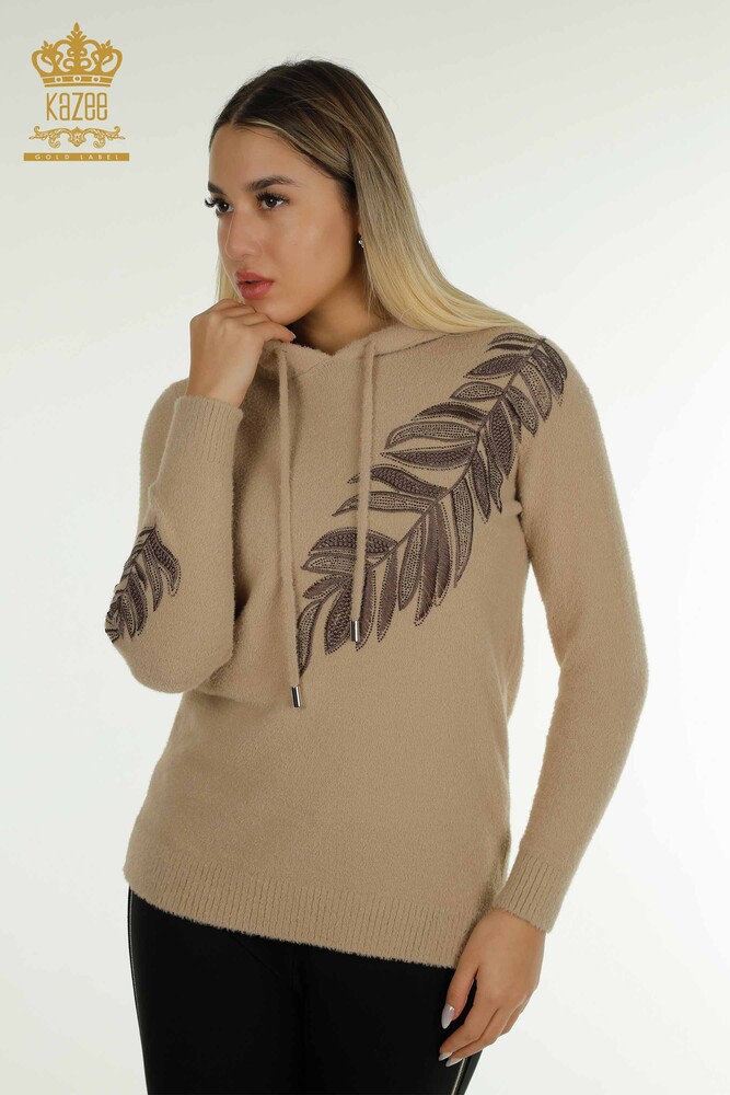 Wholesale Women's Knitwear Sweater Hooded Angora Beige - 40008 | KAZEE - 1