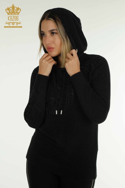 Wholesale Women's Knitwear Sweater Hooded Angora Black - 40008 | KAZEE - 2