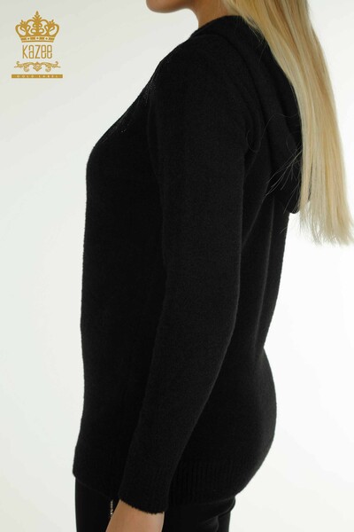 Wholesale Women's Knitwear Sweater Hooded Angora Black - 40008 | KAZEE - 7