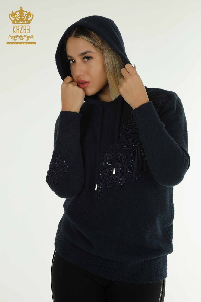 Wholesale Women's Knitwear Sweater Hooded Angora Navy Blue - 40008 | KAZEE - 2