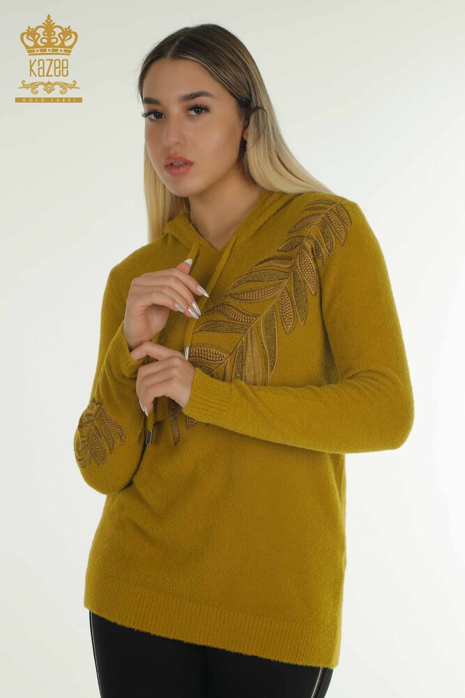 Wholesale Women's Knitwear Sweater Hooded Angora Mustard - 40008 | KAZEE - 1