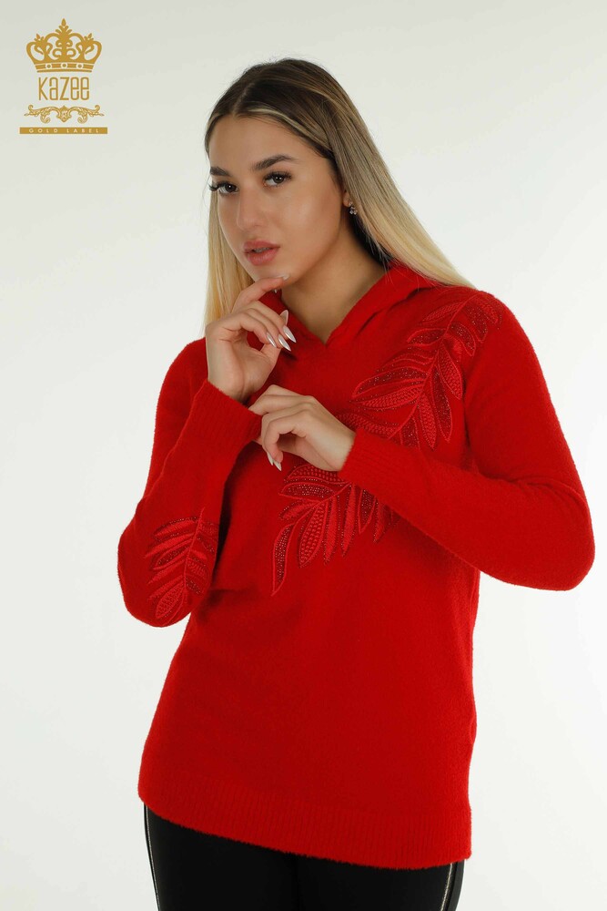 Wholesale Women's Knitwear Sweater Hooded Angora Red - 40008 | KAZEE - 1