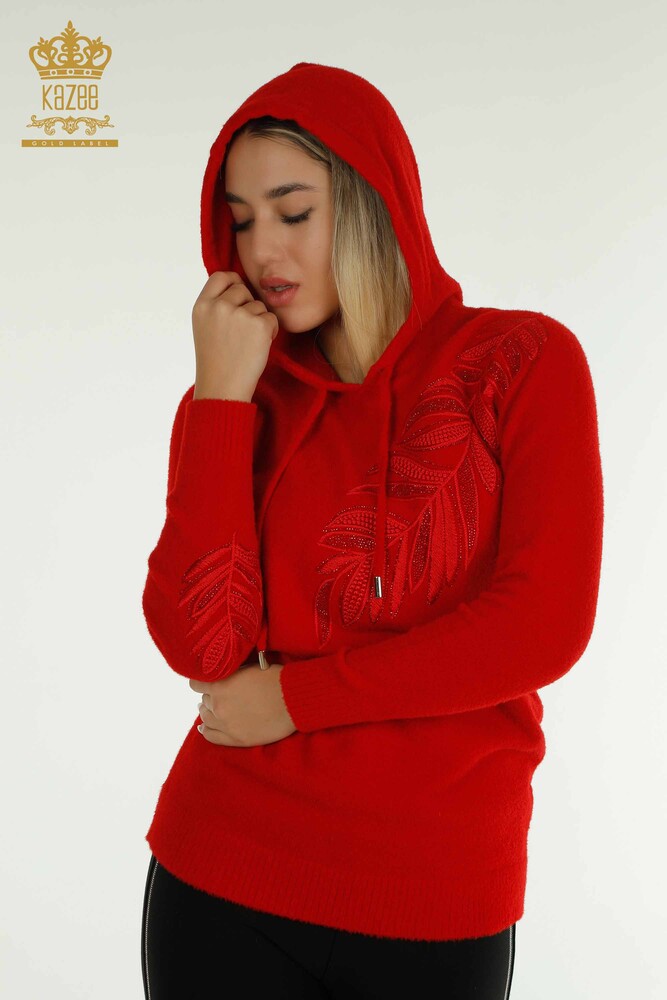 Wholesale Women's Knitwear Sweater Hooded Angora Red - 40008 | KAZEE - 2