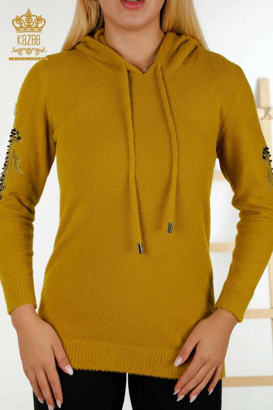 Wholesale Women's Knitwear Sweater Hooded Mustard - 40006 | KAZEE