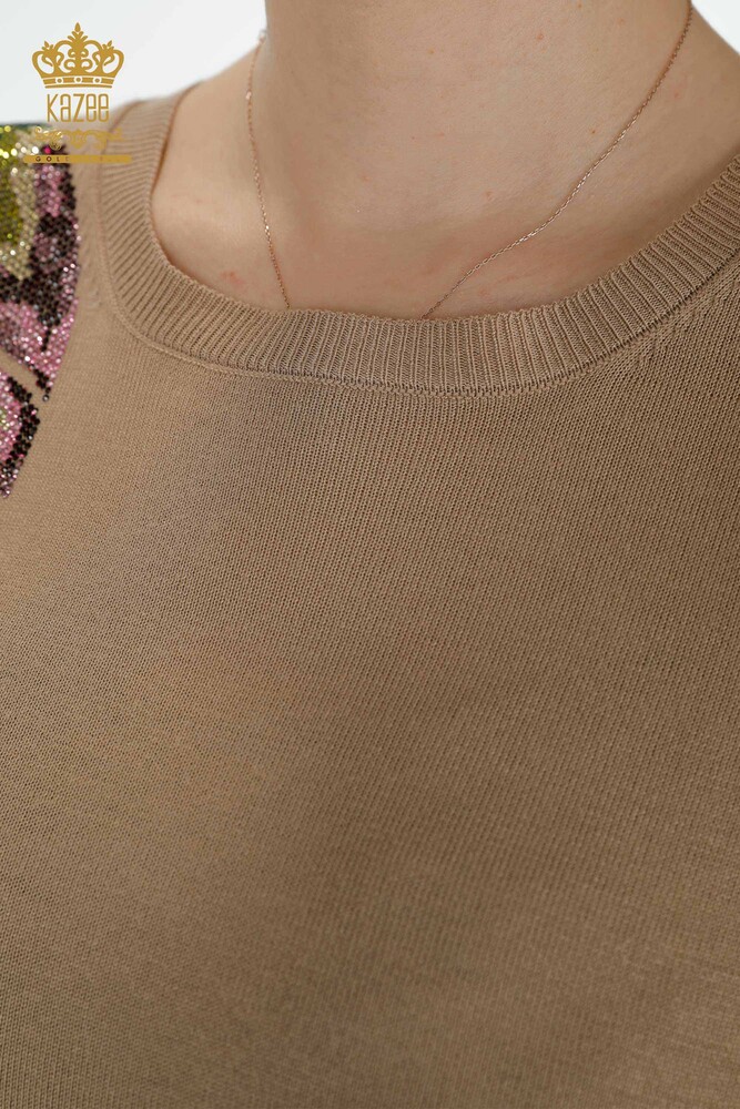 Wholesale Women's Knitwear Sweater Leaf Patterned Beige - 16939 | KAZEE - 4