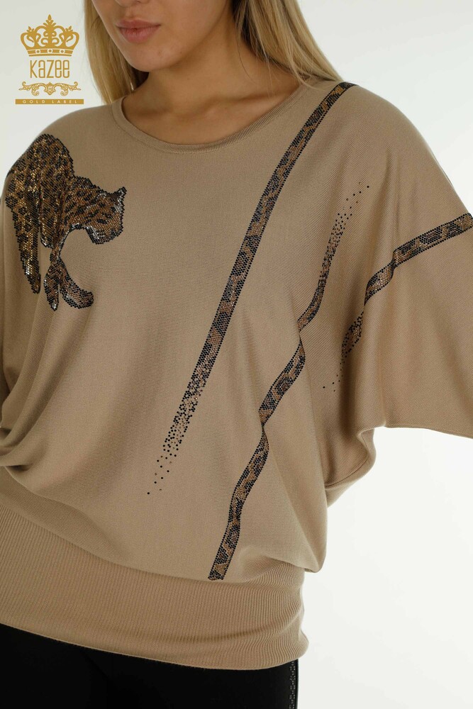 Wholesale Women's Knitwear Sweater Leopard Stone Embroidered Beige - 30633 | KAZEE - 2