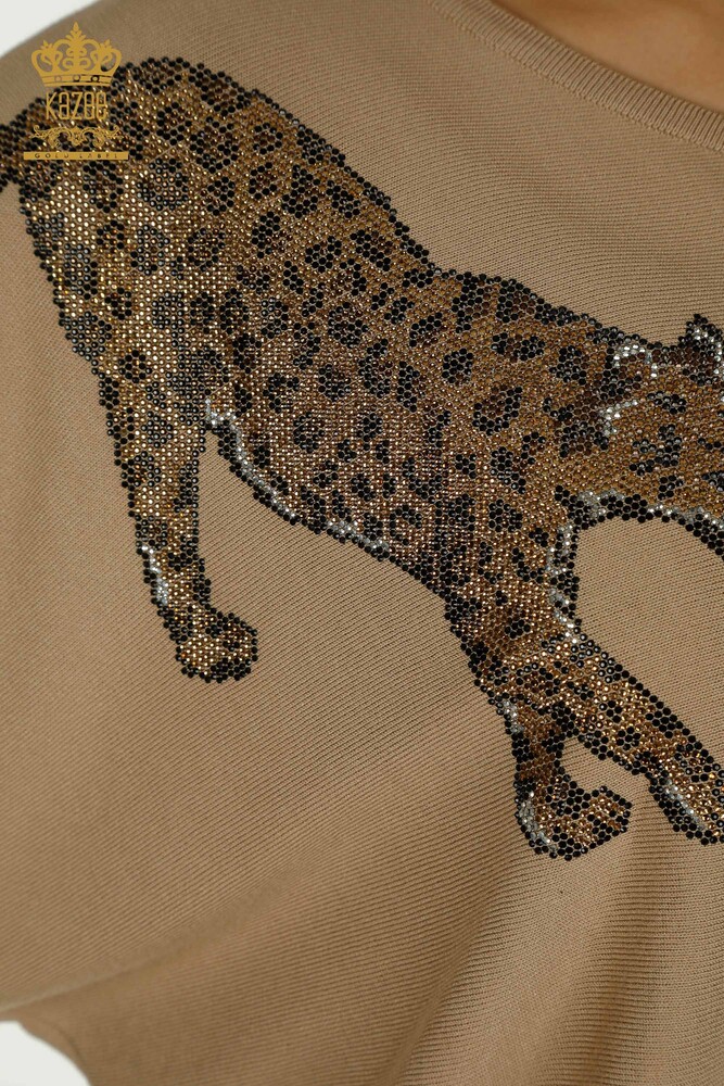 Wholesale Women's Knitwear Sweater Leopard Stone Embroidered Beige - 30633 | KAZEE - 4