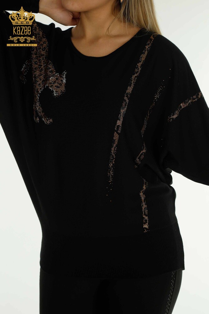 Wholesale Women's Knitwear Sweater Leopard Stone Embroidered Black - 30633 | KAZEE - 2