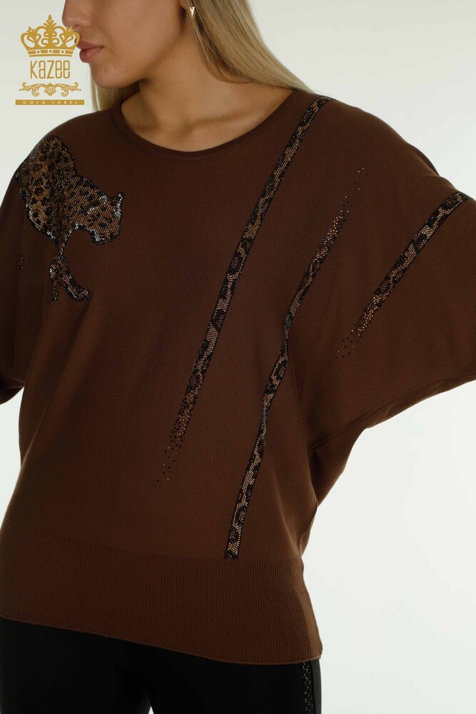 Wholesale Women's Knitwear Sweater Leopard Stone Embroidered Brown - 30633 | KAZEE - 2