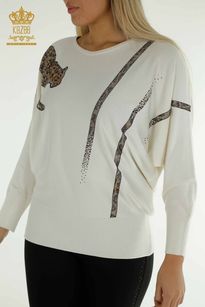 Wholesale Women's Knitwear Sweater Leopard Stone Embroidered Ecru - 30633 | KAZEE - 2