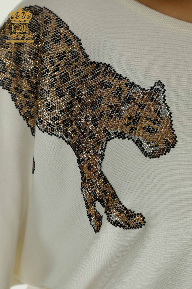 Wholesale Women's Knitwear Sweater Leopard Stone Embroidered Ecru - 30633 | KAZEE - 4