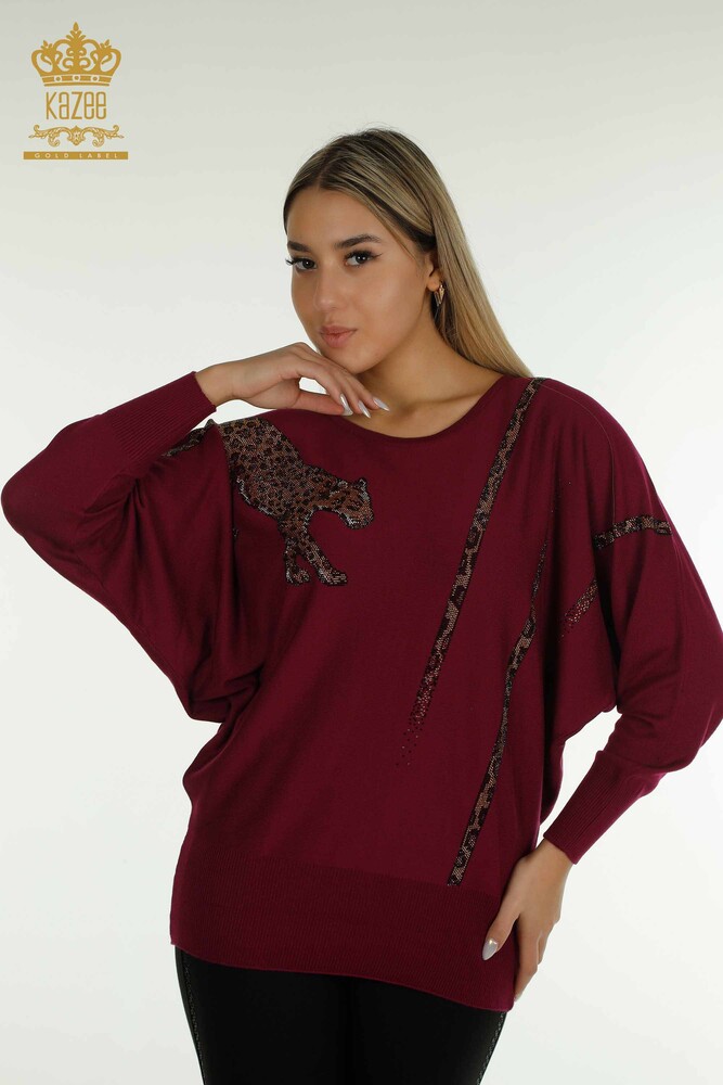 Wholesale Women's Knitwear Sweater Leopard Stone Embroidered Lilac - 30633 | KAZEE - 1