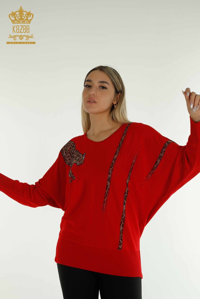 Wholesale Women's Knitwear Sweater Leopard Stone Embroidered Red - 30633 | KAZEE - 1