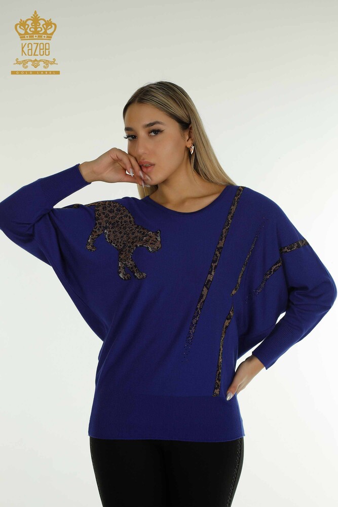 Wholesale Women's Knitwear Sweater Leopard Stone Embroidered Saks - 30633 | KAZEE - 1