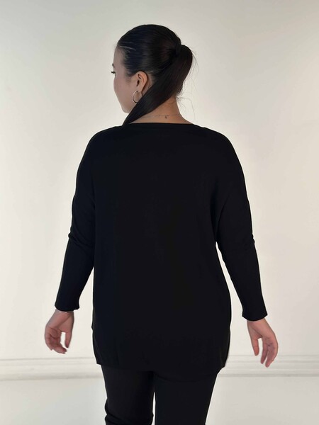 Wholesale Women-s Knitwear Sweater Pocket Detailed Stone Embroidered Crew Neck Black - 30622 | KAZEE - Thumbnail