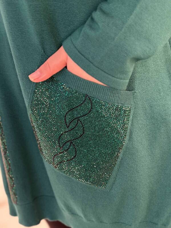 Wholesale Women-s Knitwear Sweater Pocket Detailed Stone Embroidered Crew Neck Green - 30622 | KAZEE