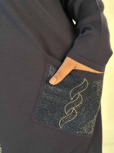 Wholesale Women-s Knitwear Sweater Pocket Detailed Stone Embroidered Crew Neck Navy Blue - 30622 | KAZEE - Thumbnail