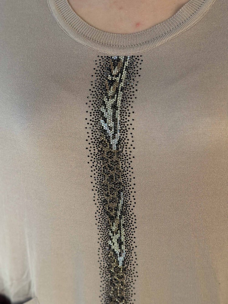 Wholesale Women-s Knitwear Sweater Pocket Detailed Stone Embroidered Leopard Patterned Crew Neck Beige - 30621 | KAZEE - 4