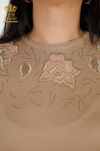 Wholesale Women's Knitwear Sweater Rose Patterned Beige - 16845 | KAZEE - Thumbnail