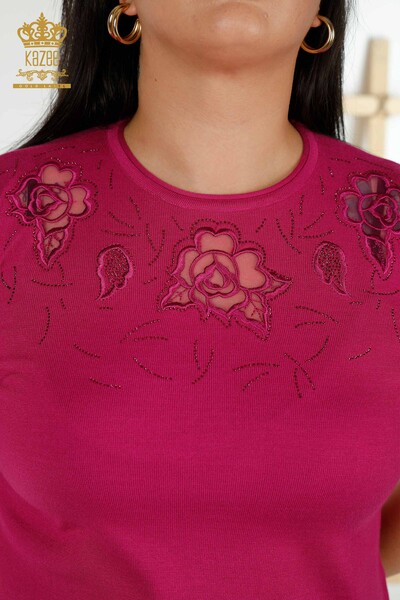 Wholesale Women's Knitwear Sweater Rose Patterned Fuchsia - 16845 | KAZEE - 3