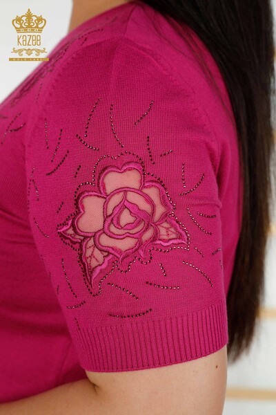 Wholesale Women's Knitwear Sweater Rose Patterned Fuchsia - 16845 | KAZEE - 5