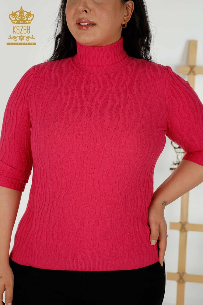 Wholesale Women's Knitwear Sweater Self Woven Fuchsia - 30290 | KAZEE - 2