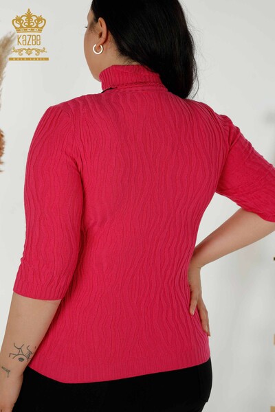 Wholesale Women's Knitwear Sweater Self Woven Fuchsia - 30290 | KAZEE - 6