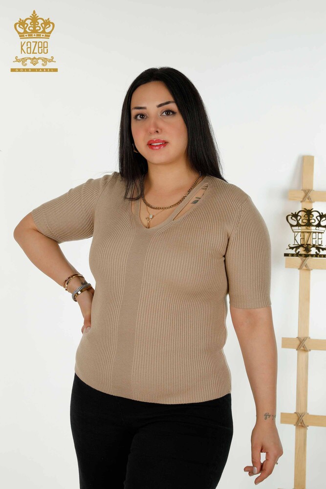 Wholesale Women's Knitwear Sweater Short Sleeve Beige - 30397 | KAZEE - 1