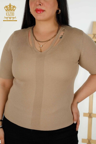 Wholesale Women's Knitwear Sweater Short Sleeve Beige - 30397 | KAZEE - 2