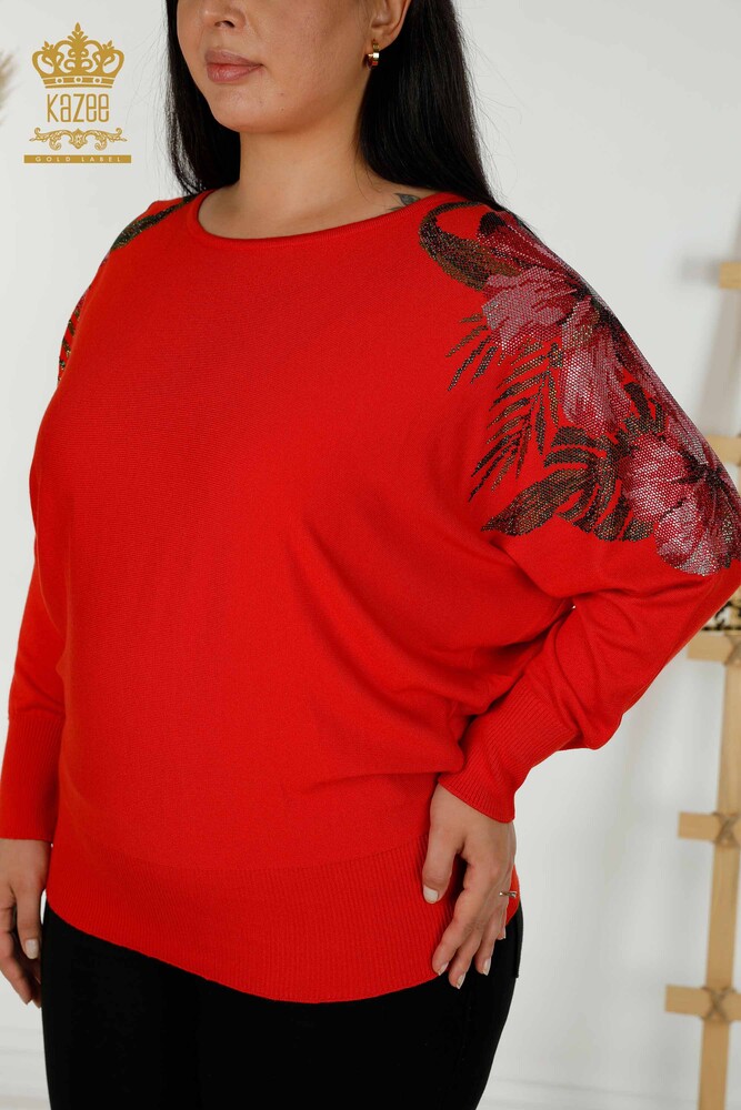 Wholesale Women's Knitwear Sweater Shoulder Floral Detail Coral - 16133 | KAZEE - 2