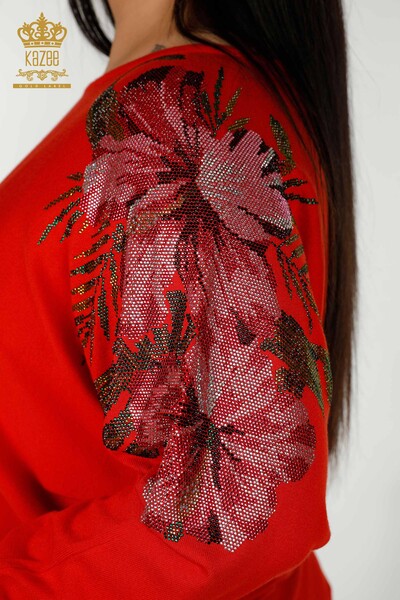 Wholesale Women's Knitwear Sweater Shoulder Floral Detail Coral - 16133 | KAZEE - 7