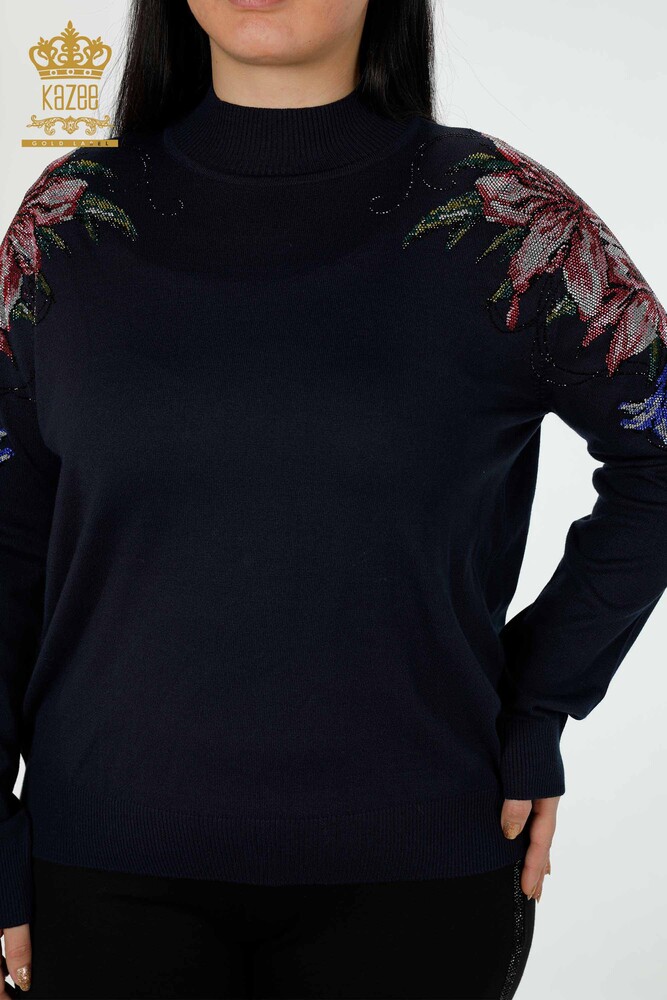 Wholesale Women's Knitwear Sweater Shoulder Floral Detailed Navy - 30007 | KAZEE - 2