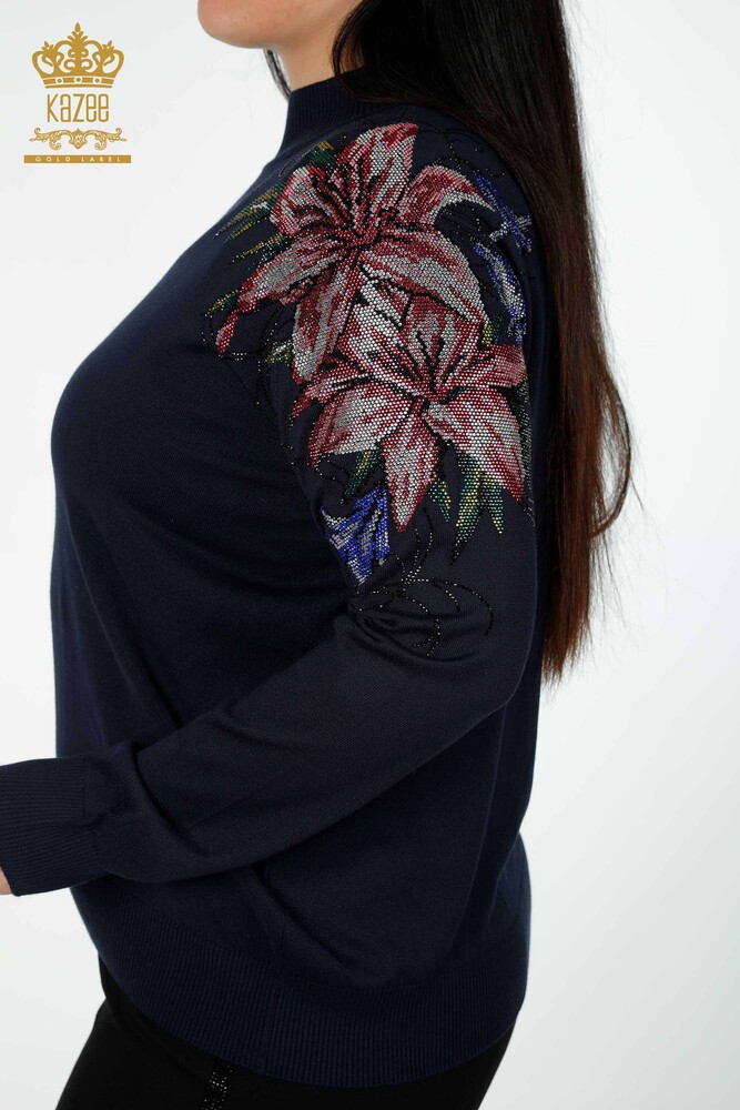 Wholesale Women's Knitwear Sweater Shoulder Floral Detailed Navy - 30007 | KAZEE - 5