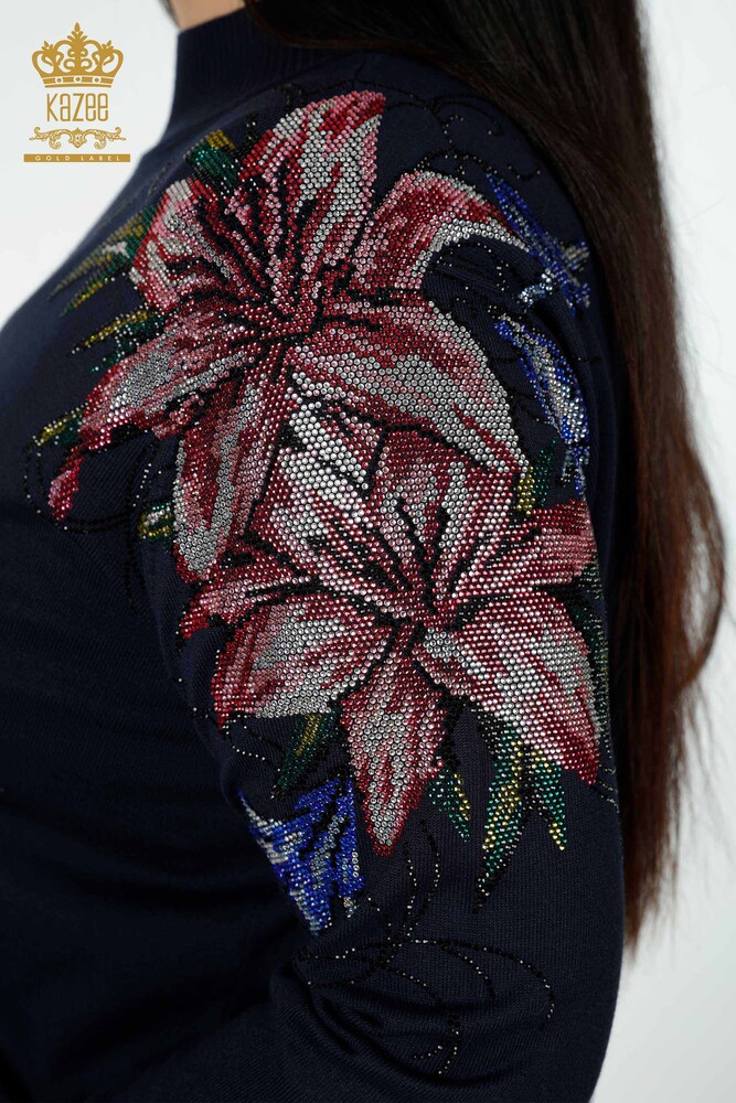 Wholesale Women's Knitwear Sweater Shoulder Floral Detailed Navy - 30007 | KAZEE - 6