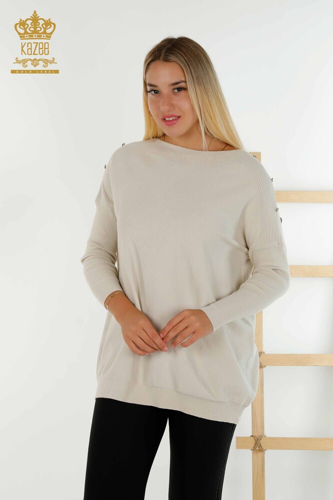 Wholesale Women's Knitwear Sweater Shoulder Detailed Beige - 30192 | KAZEE - 1