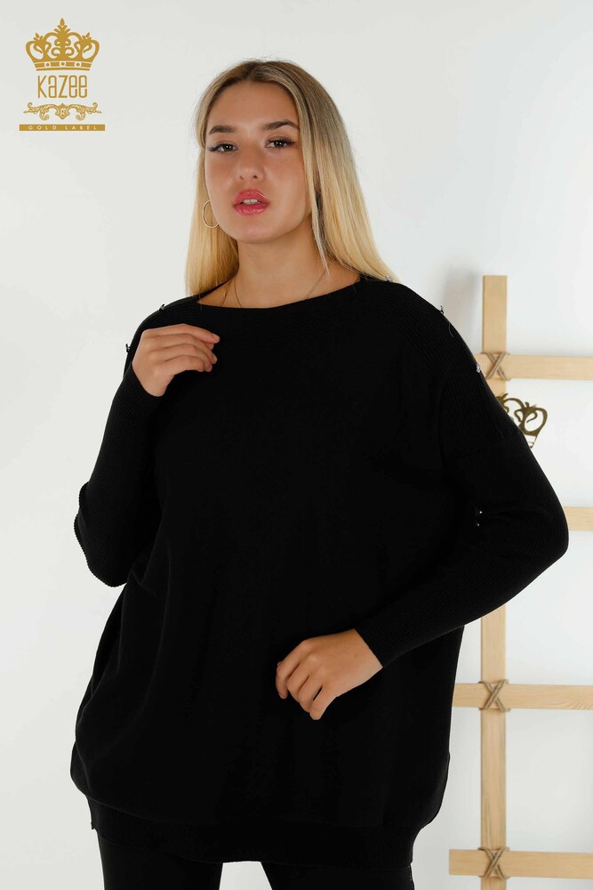 Wholesale Women's Knitwear Sweater Shoulder Detail Black - 30192 | KAZEE - 1