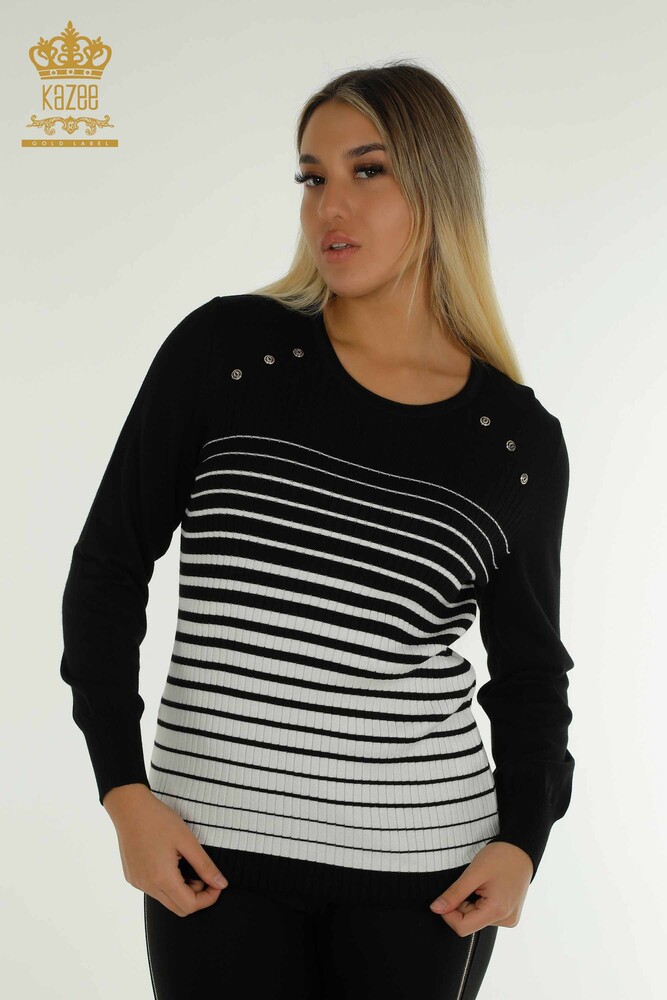 Wholesale Women's Knitwear Sweater with Shoulder Detail Black-Ecru - 30079 | KAZEE - 1