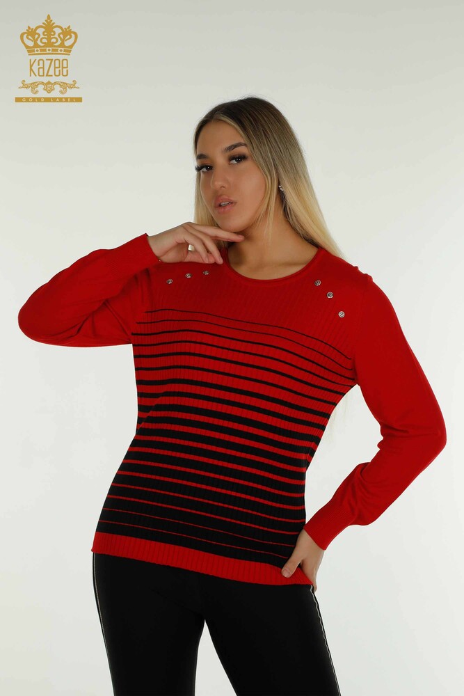 Wholesale Women's Knitwear Sweater with Shoulder Detail Red-Black - 30079 | KAZEE - 1