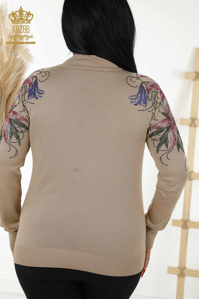 Wholesale Women's Knitwear Sweater - Shoulder Floral Detail - Beige - 30007 | KAZEE - 7