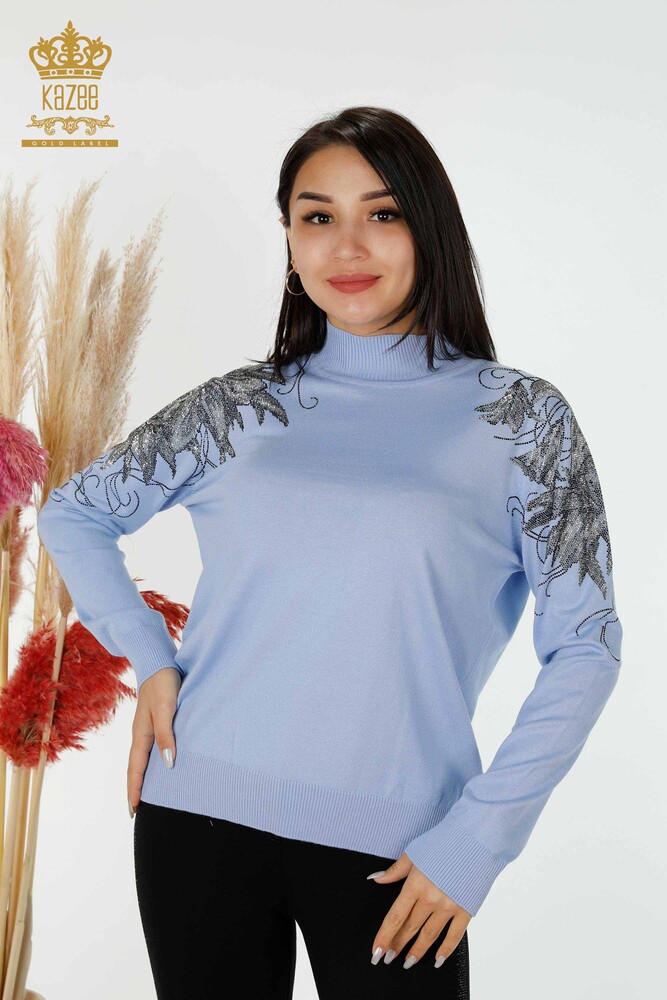 Wholesale Women's Knitwear Sweater Shoulder Floral Detailed Blue - 16597 | KAZEE - 1