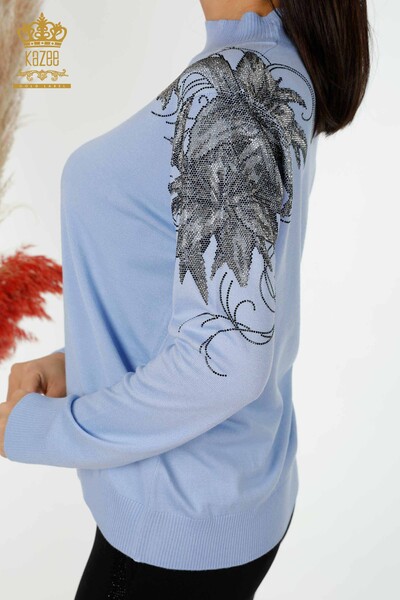 Wholesale Women's Knitwear Sweater Shoulder Floral Detailed Blue - 16597 | KAZEE - 4