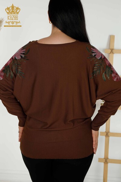 Wholesale Women's Knitwear Sweater Shoulder Floral Detail Brown - 16133 | KAZEE - 10