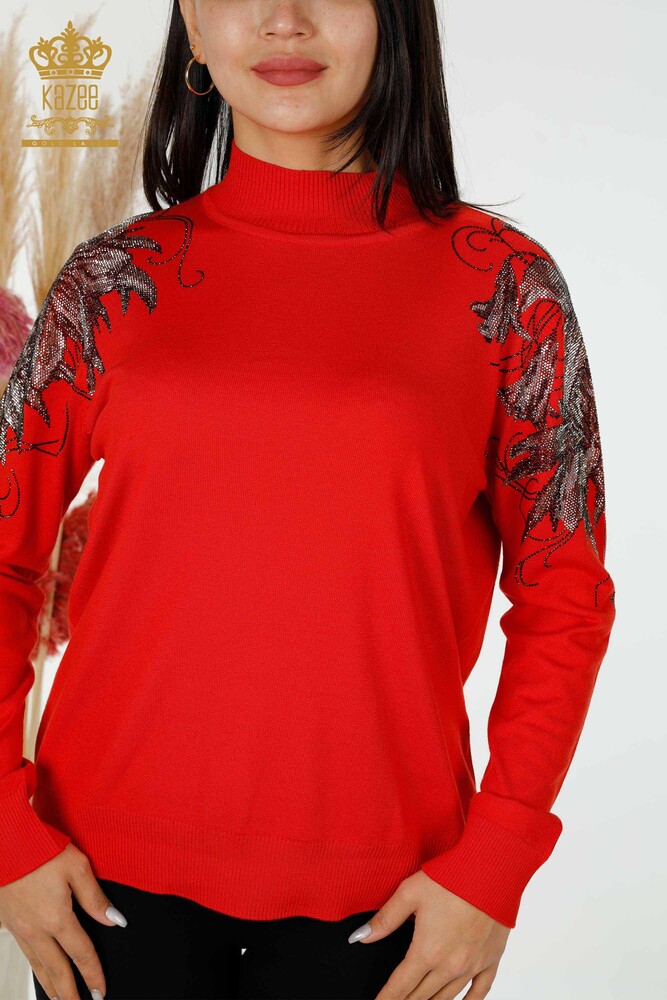 Wholesale Women's Knitwear Sweater Shoulder Floral Detail Coral - 16597 | KAZEE - 2