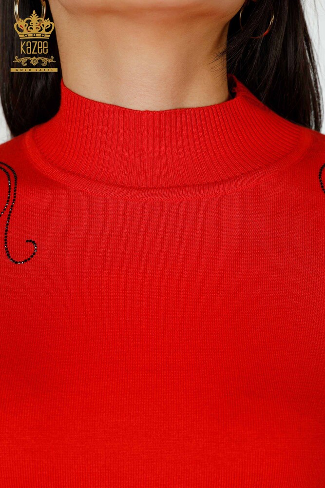 Wholesale Women's Knitwear Sweater Shoulder Floral Detail Coral - 16597 | KAZEE - 3