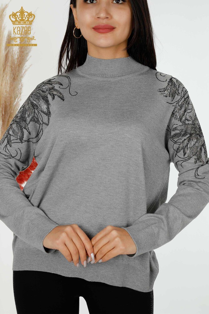 Wholesale Women's Knitwear Sweater Shoulder Floral Detail Gray - 16597 | KAZEE - 2