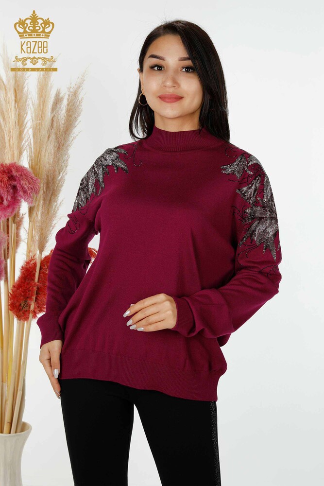 Wholesale Women's Knitwear Sweater Shoulder Floral Detail Purple - 16597 | KAZEE - 1