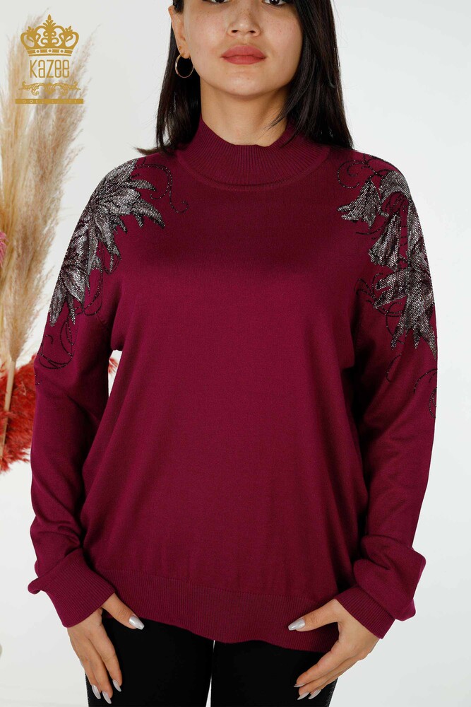 Wholesale Women's Knitwear Sweater Shoulder Floral Detail Purple - 16597 | KAZEE - 2