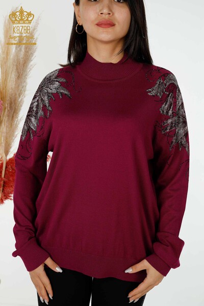 Wholesale Women's Knitwear Sweater Shoulder Floral Detail Purple - 16597 | KAZEE - 2