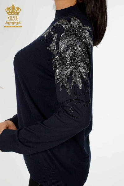 Wholesale Women's Knitwear Sweater Shoulder Floral Detailed Navy Blue - 16597 | KAZEE - 6